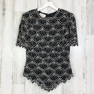 Laurence Kazar Vintage Black Beaded Sequin Top